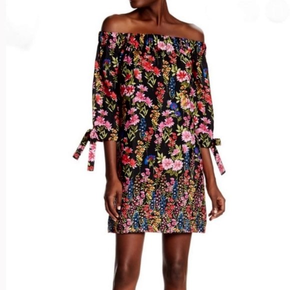 Vince Camuto Small Black Floral On Off Shoulder Mini Dress - Picture 1 of 7